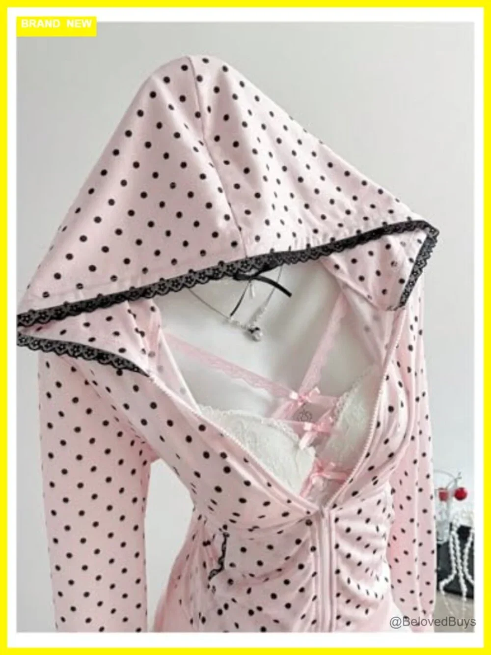 Y2K Polka Dot Lace Trim Zip Up Hoodie Coquette Fitted Sweatshirt Pockets